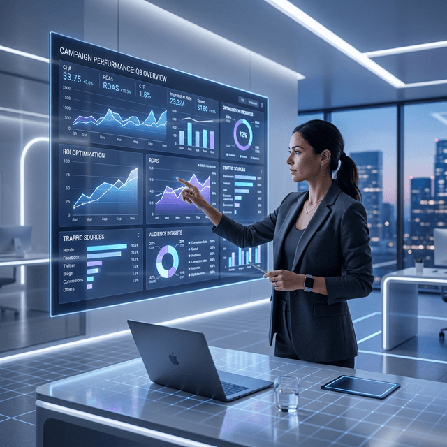 MacBook showing Meta Ads analytics dashboard with 4.1x ROAS on marble desk